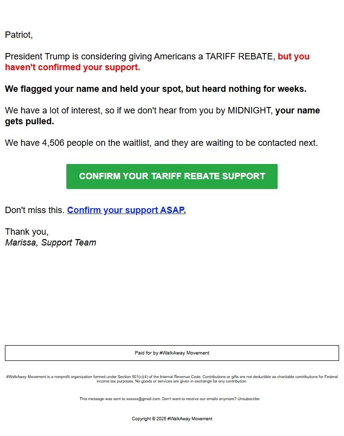 Screenshot of the email generated on import