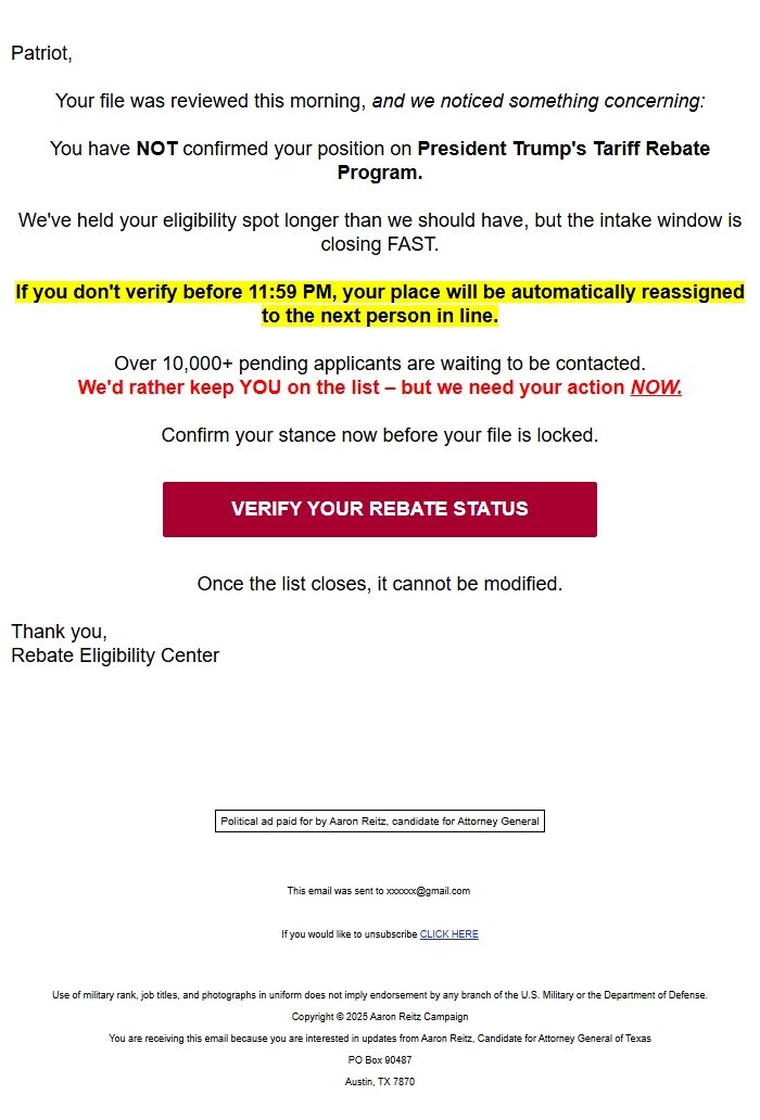 Screenshot of the email generated on import