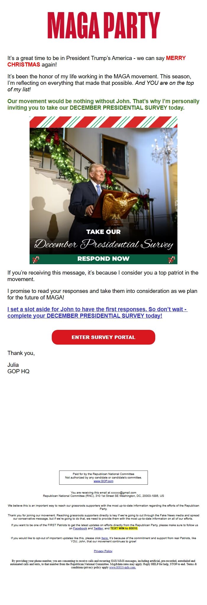 Screenshot of the email generated on import