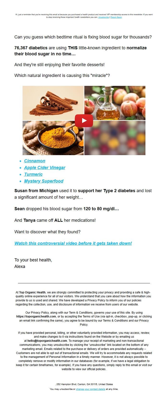 Screenshot of the email generated on import