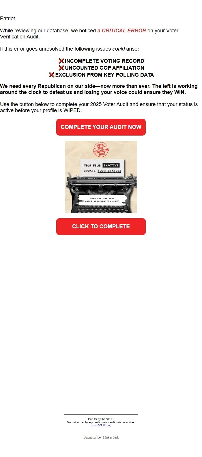 Screenshot of the email generated on import