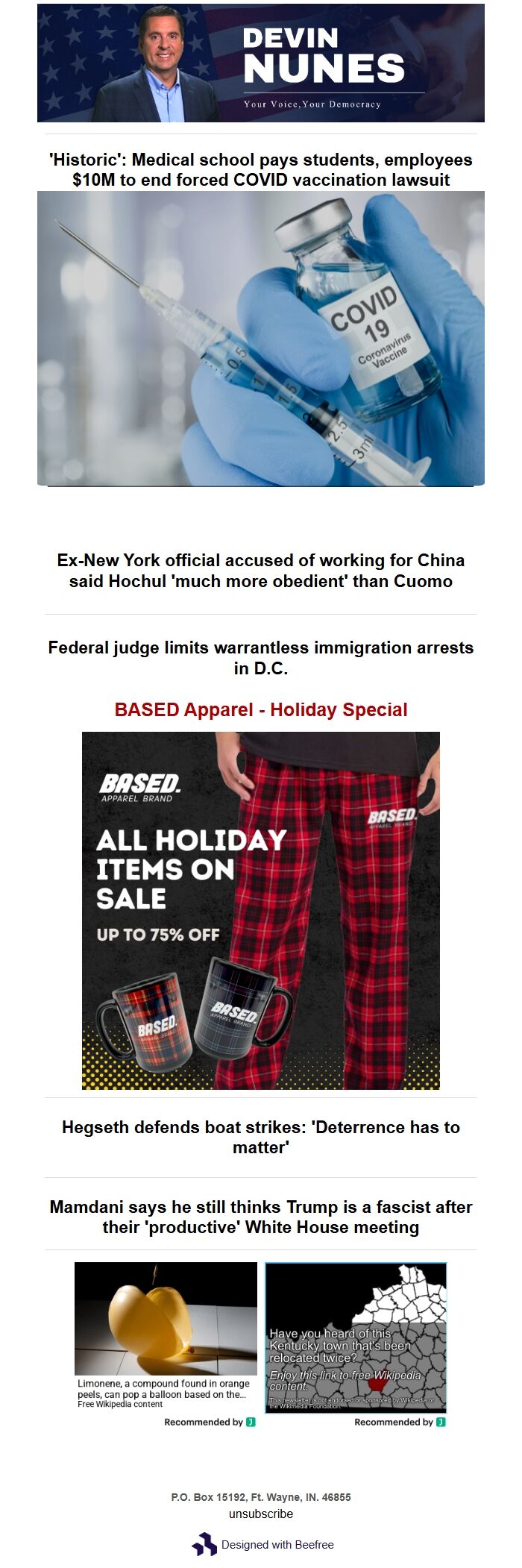 Screenshot of the email generated on import