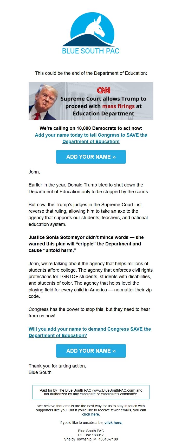 Screenshot of the email generated on import