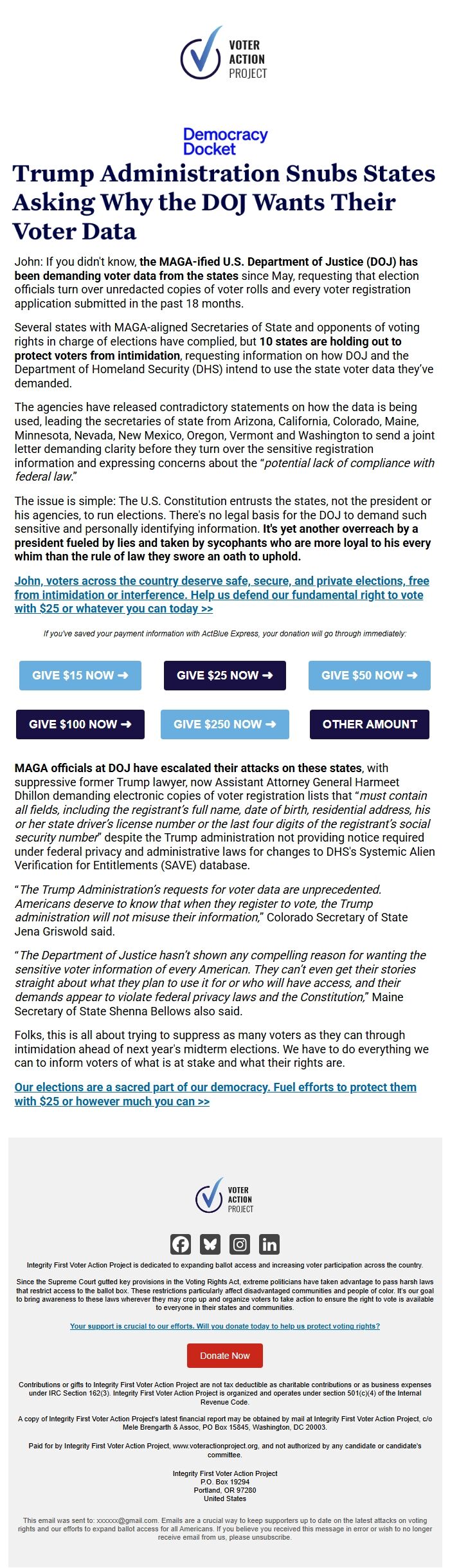 Screenshot of the email generated on import