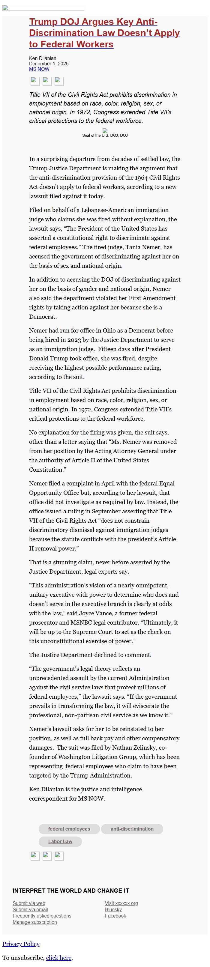 Screenshot of the email generated on import