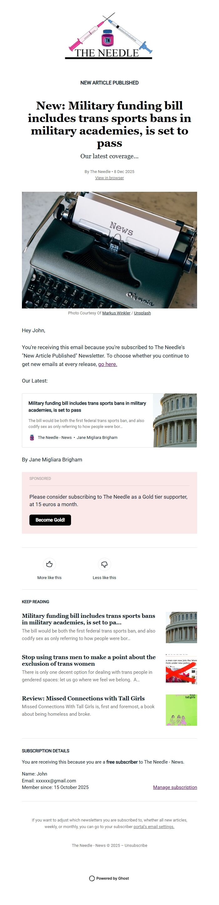 Screenshot of the email generated on import