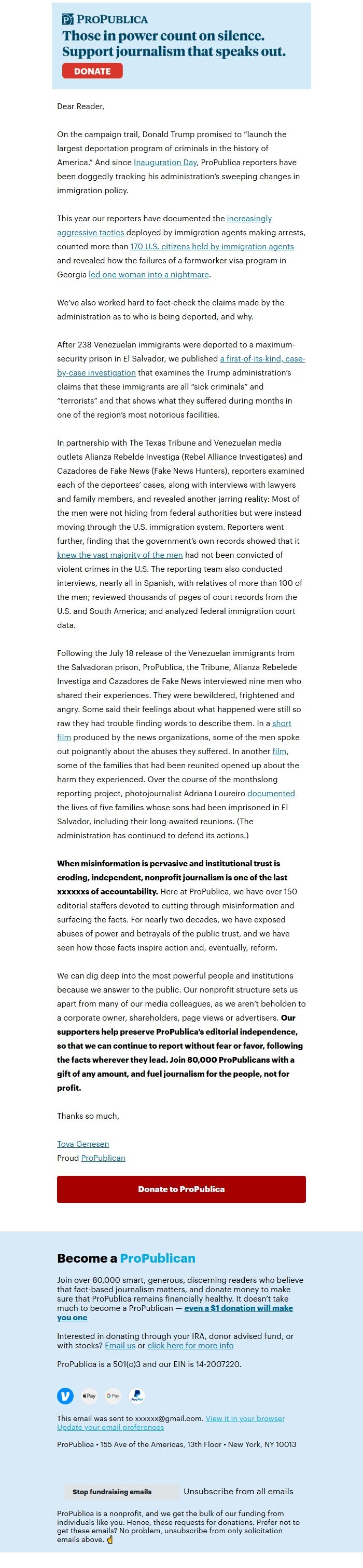 Screenshot of the email generated on import