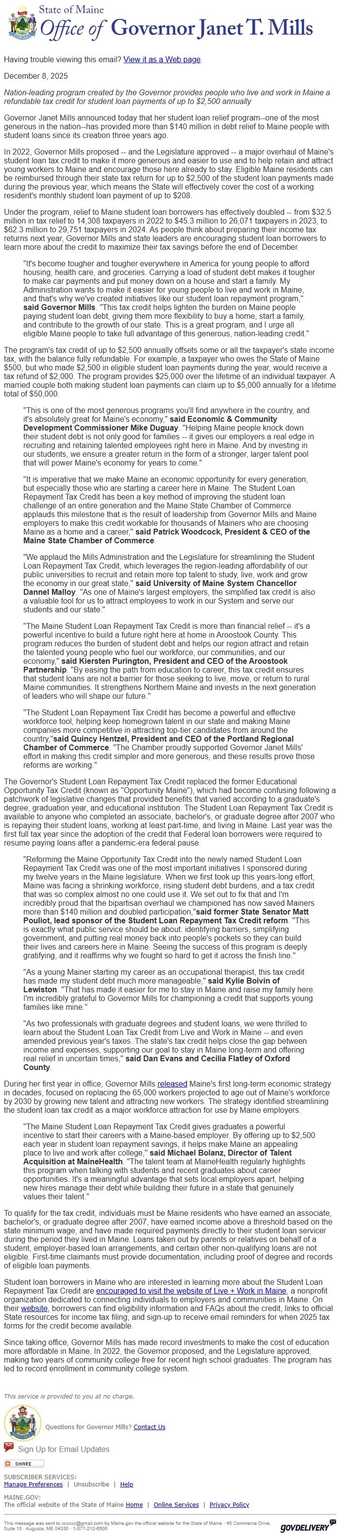 Screenshot of the email generated on import