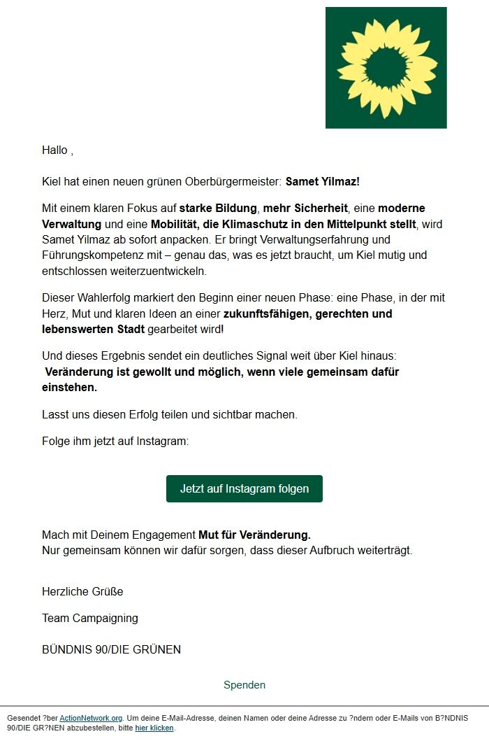 Screenshot of the email generated on import