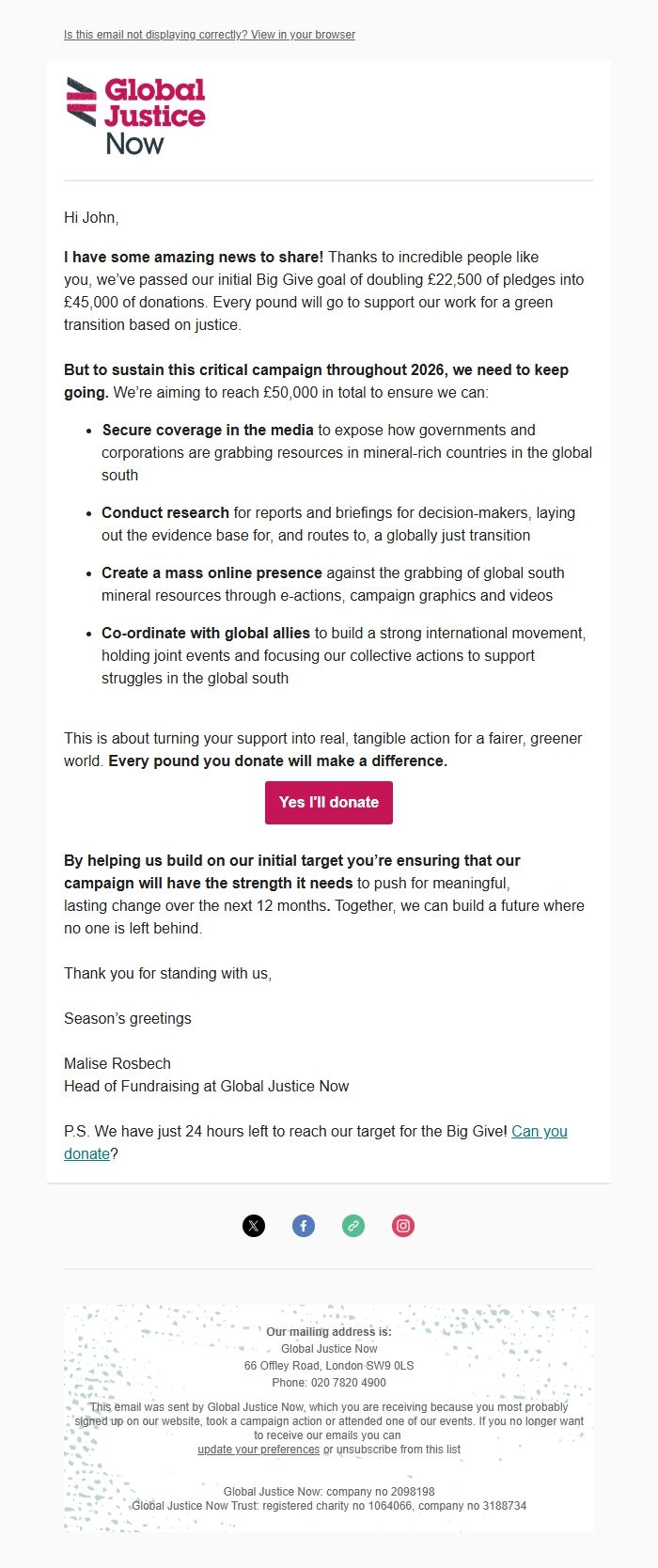 Screenshot of the email generated on import