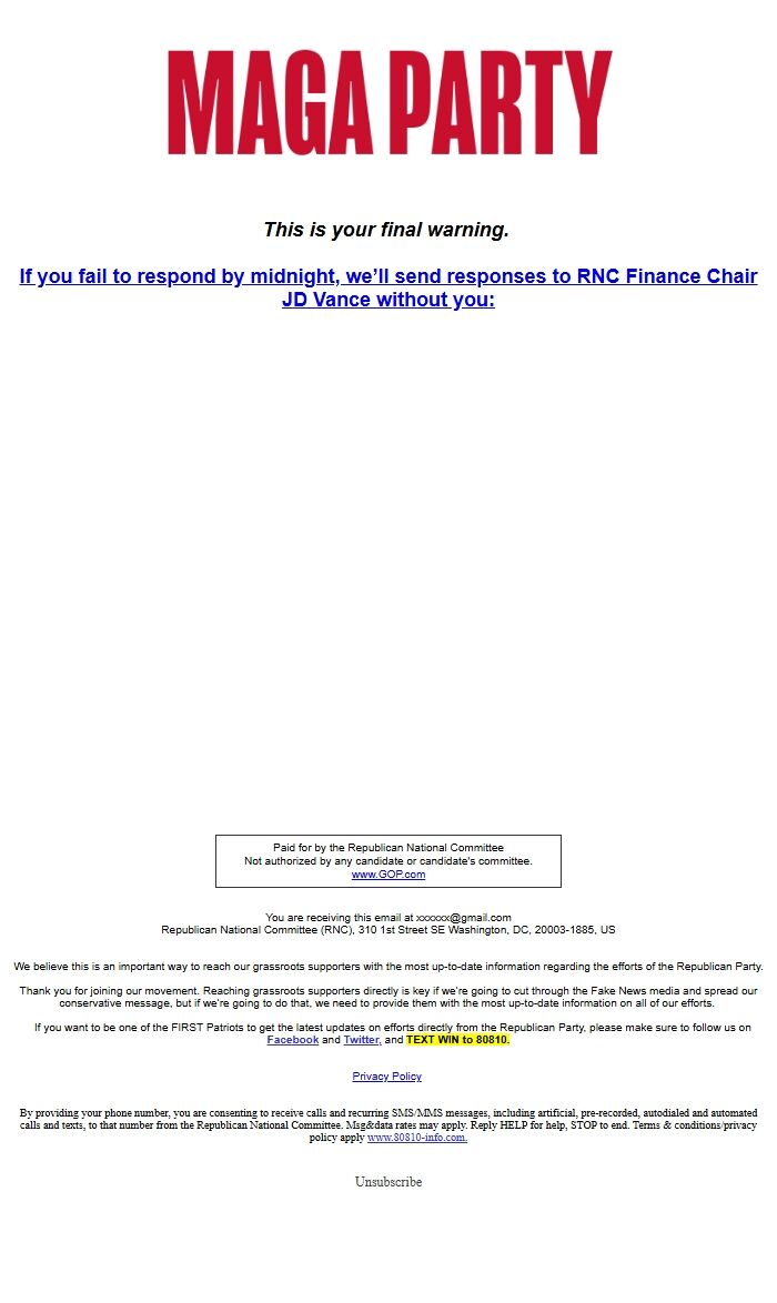 Screenshot of the email generated on import