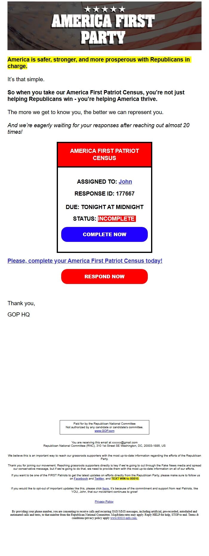 Screenshot of the email generated on import