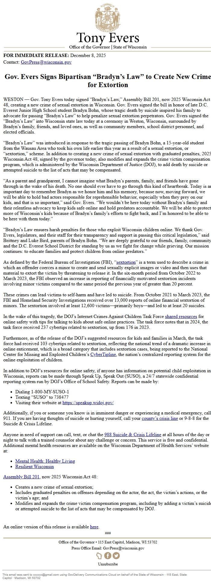 Screenshot of the email generated on import