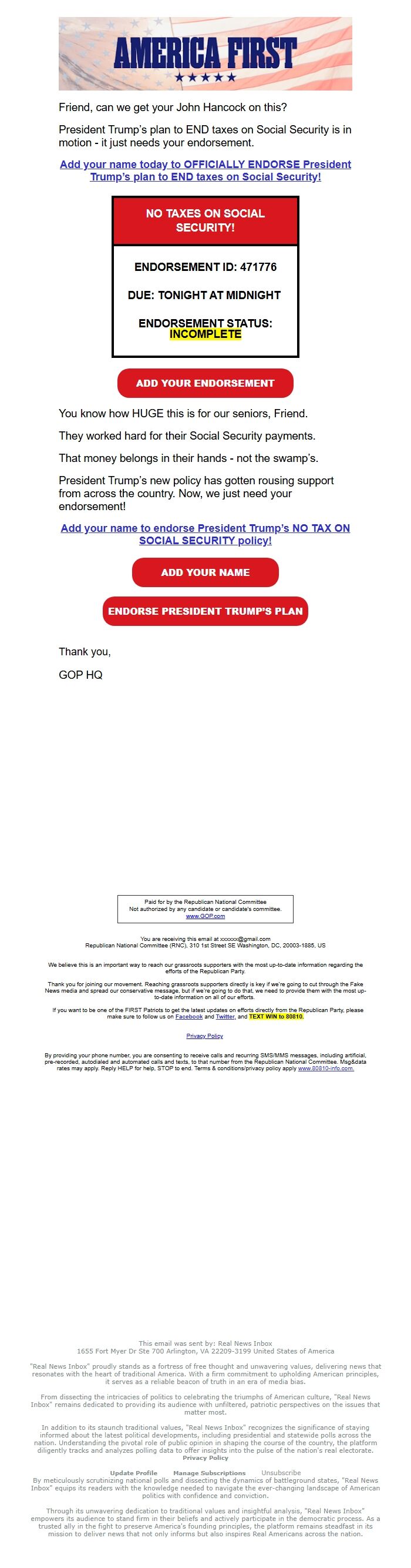 Screenshot of the email generated on import