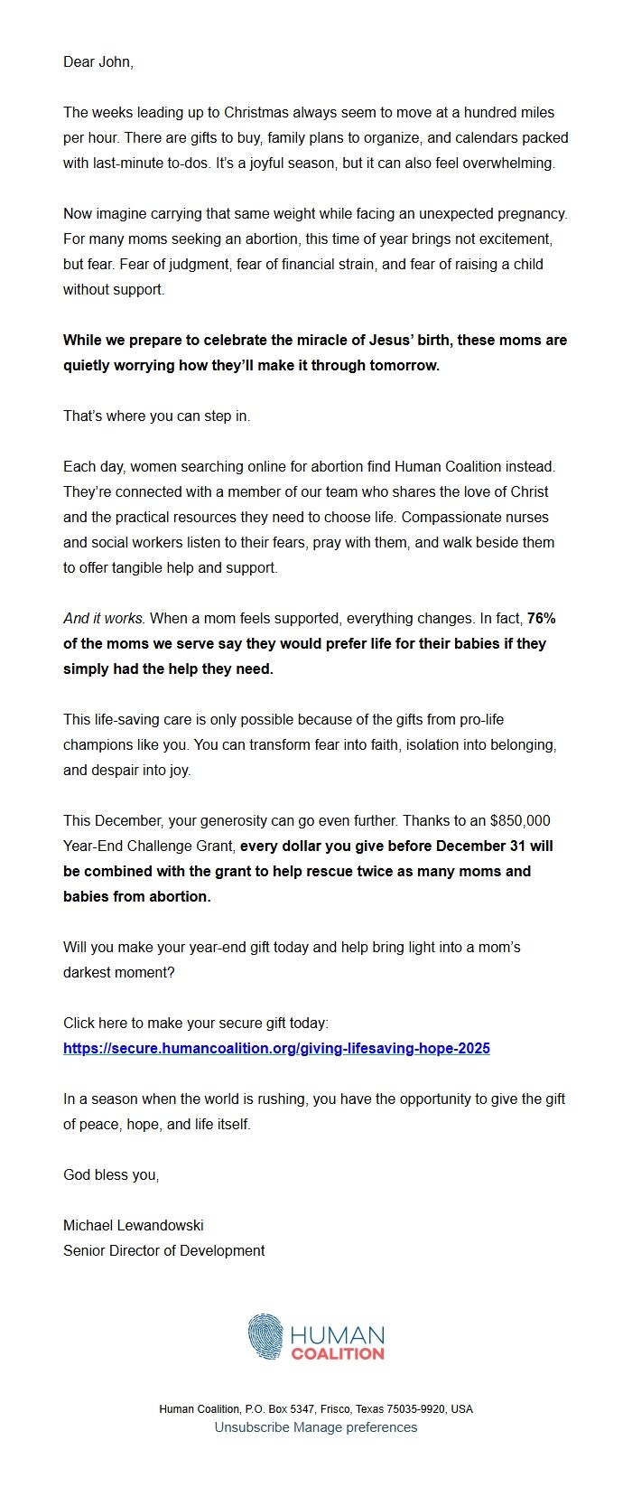 Screenshot of the email generated on import