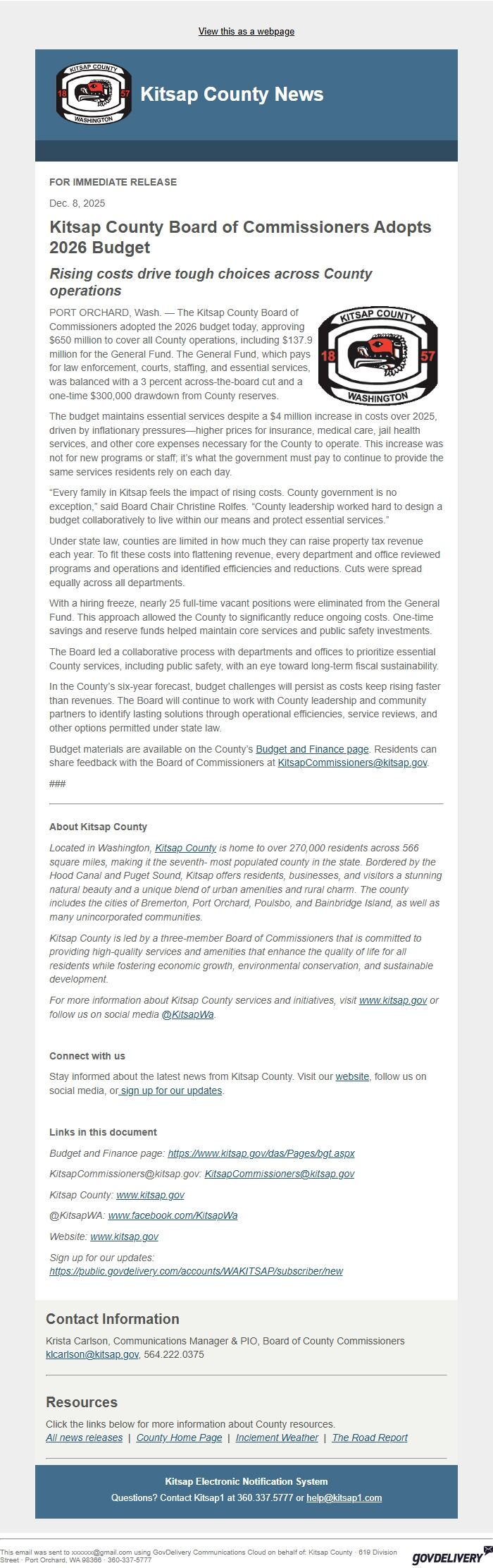 Screenshot of the email generated on import