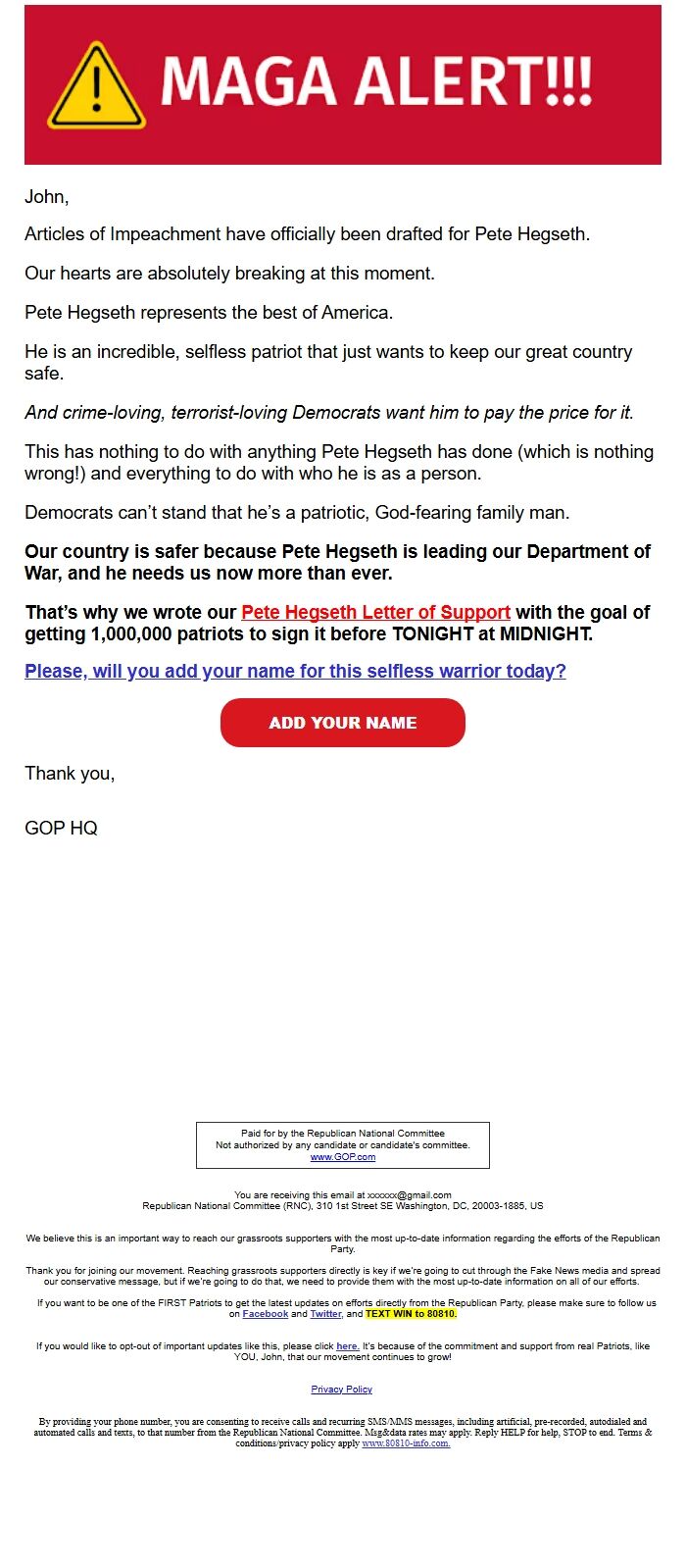 Screenshot of the email generated on import