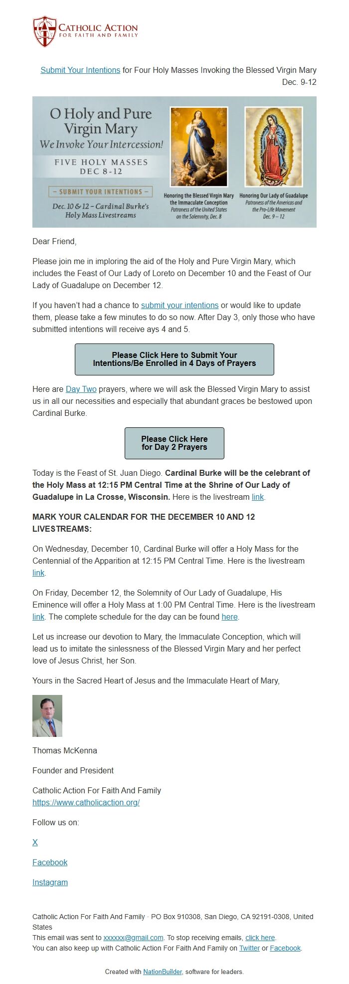 Screenshot of the email generated on import