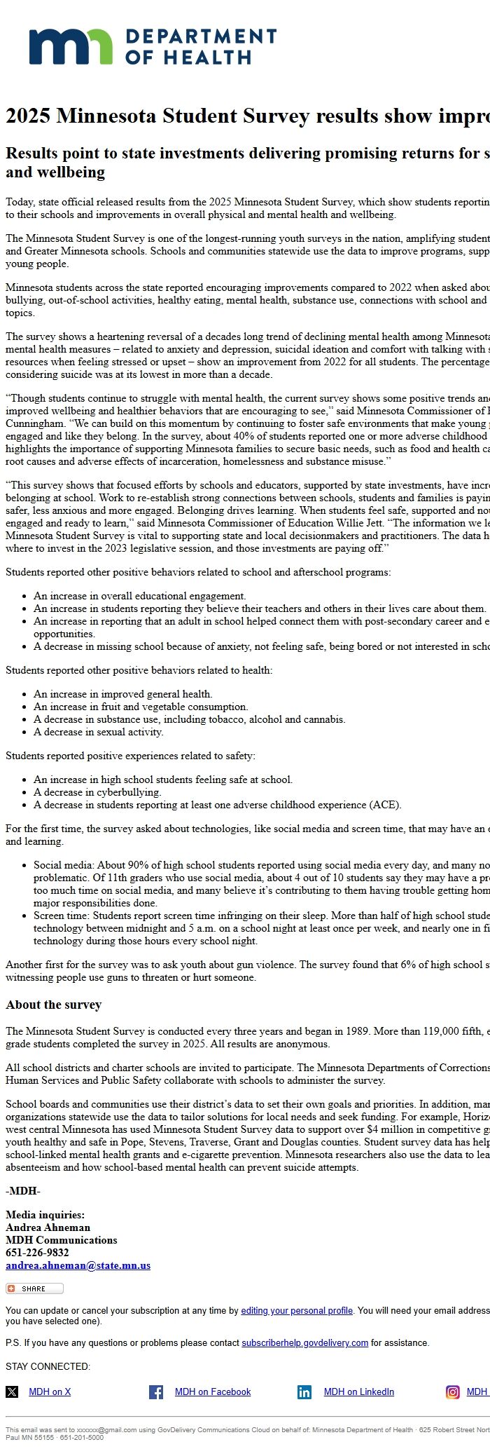 Screenshot of the email generated on import