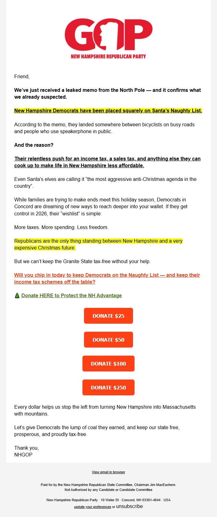 Screenshot of the email generated on import