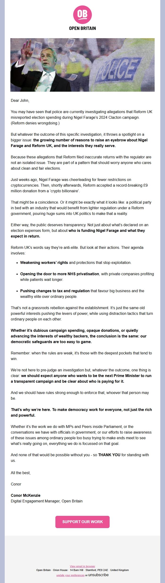 Screenshot of the email generated on import