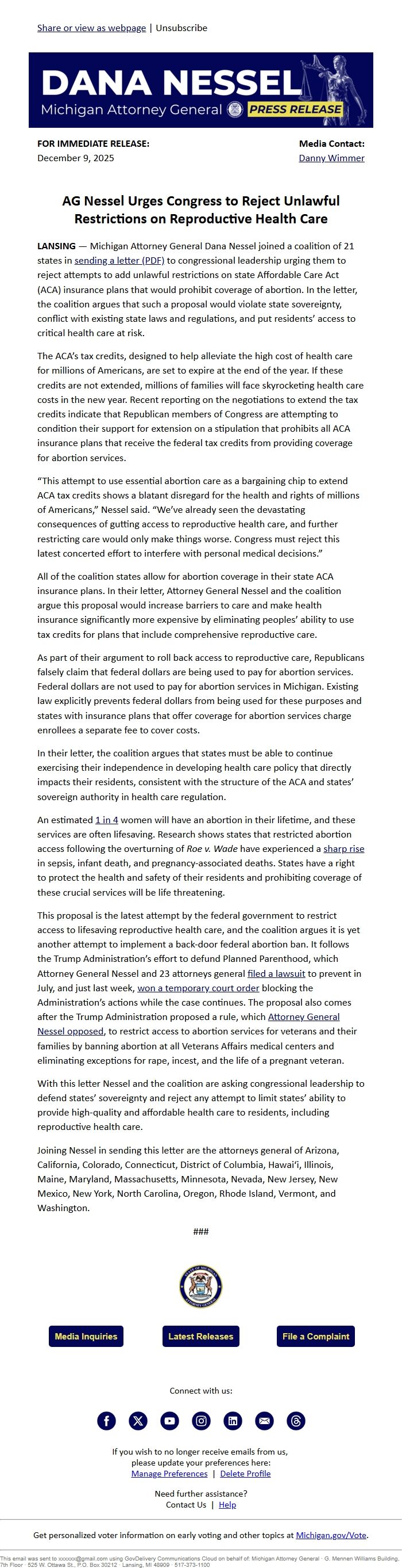 Screenshot of the email generated on import