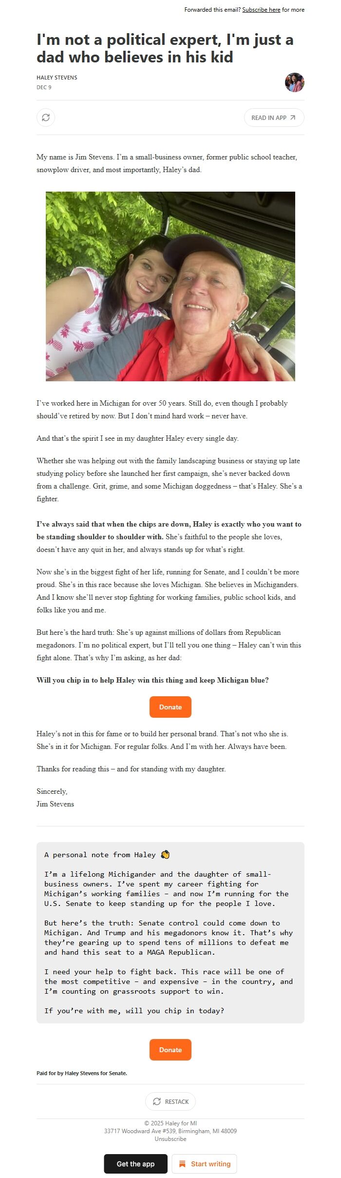 Screenshot of the email generated on import