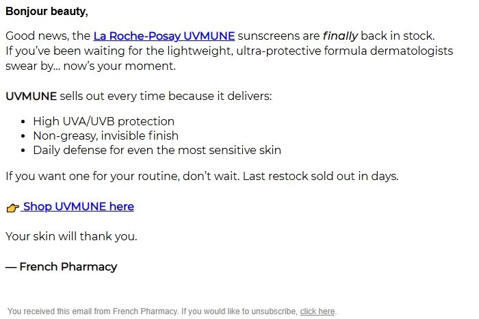 Screenshot of the email generated on import