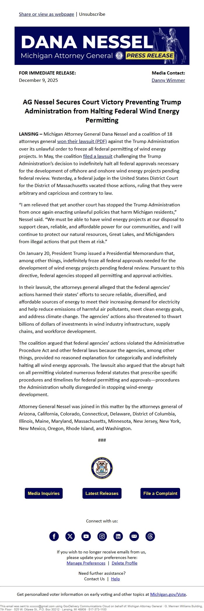 Screenshot of the email generated on import