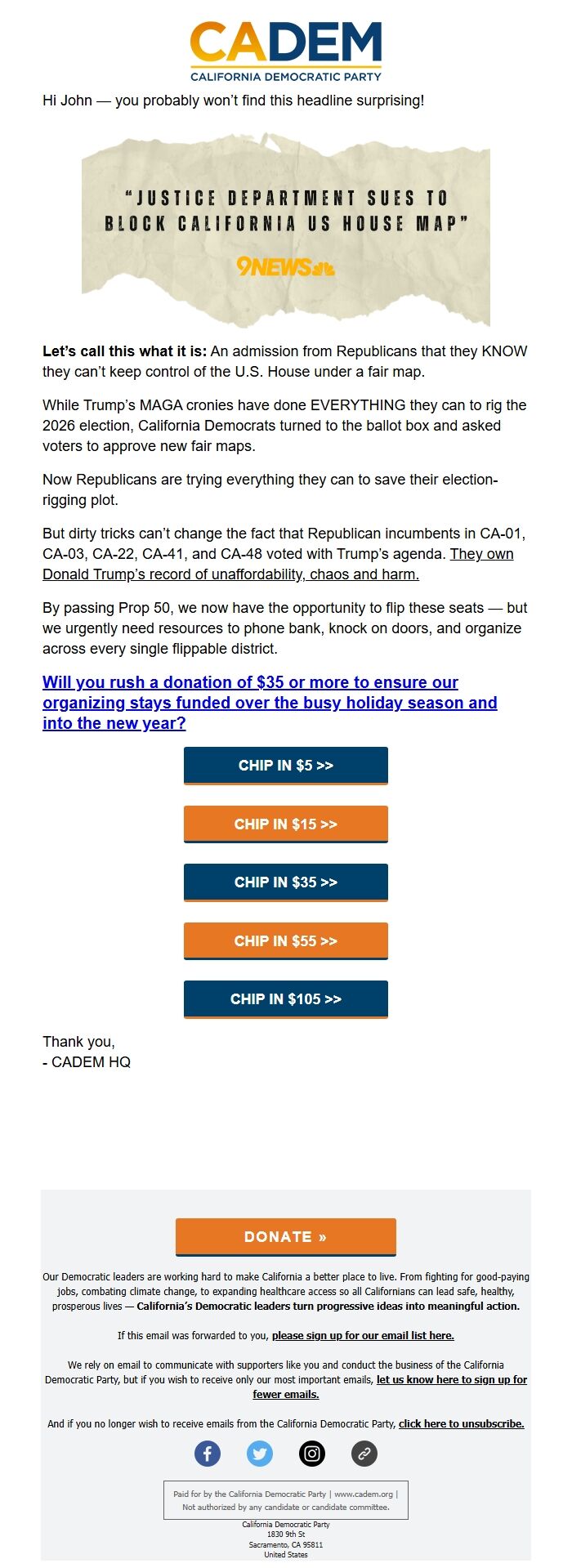 Screenshot of the email generated on import