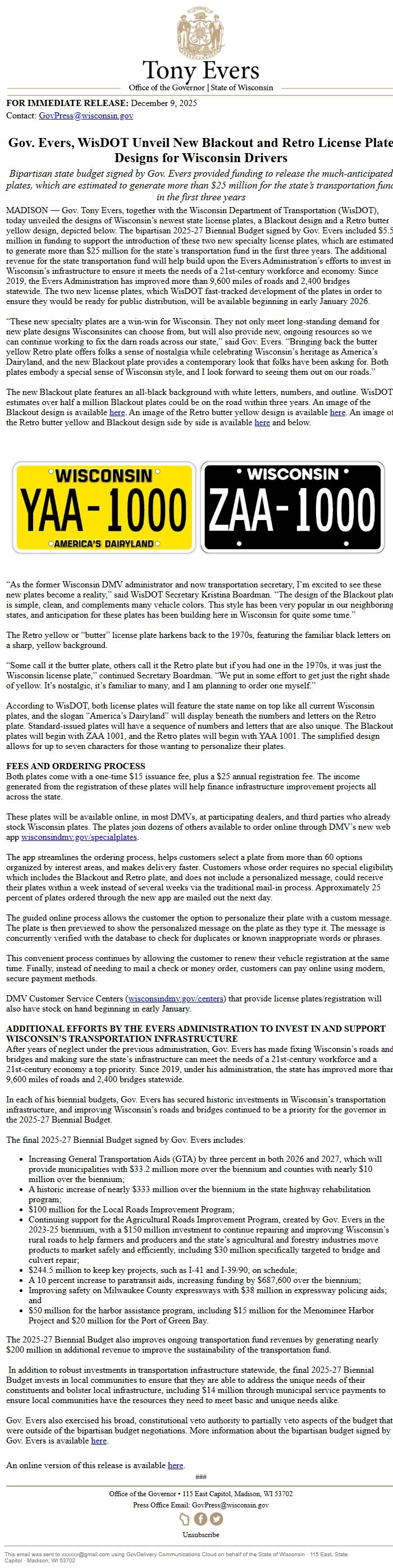 Screenshot of the email generated on import