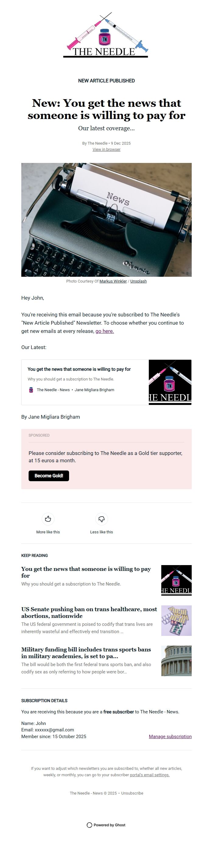 Screenshot of the email generated on import