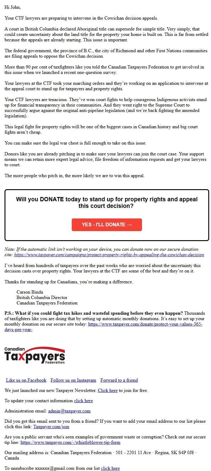 Screenshot of the email generated on import