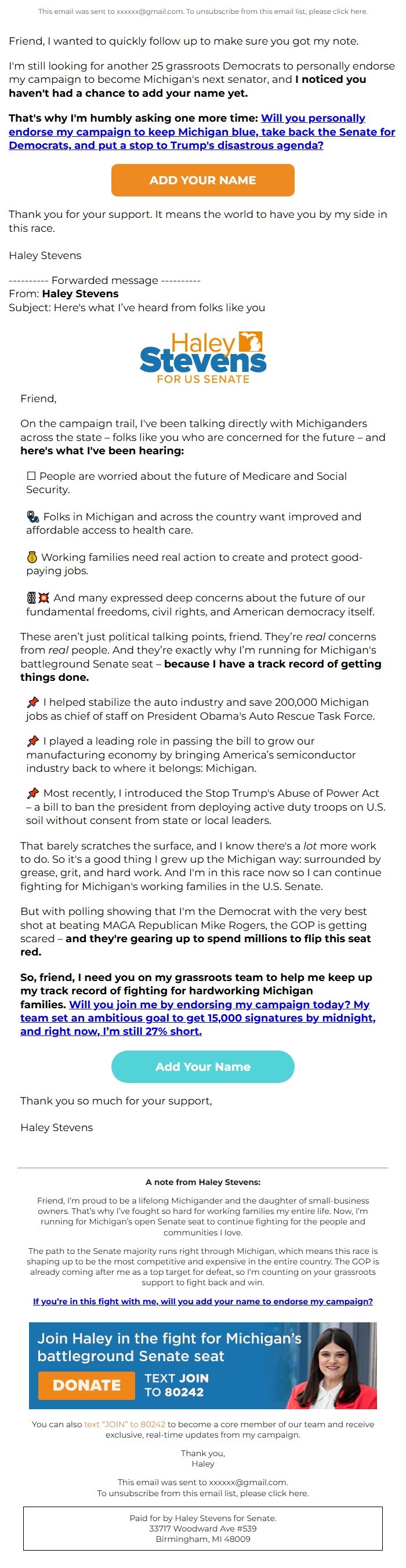 Screenshot of the email generated on import