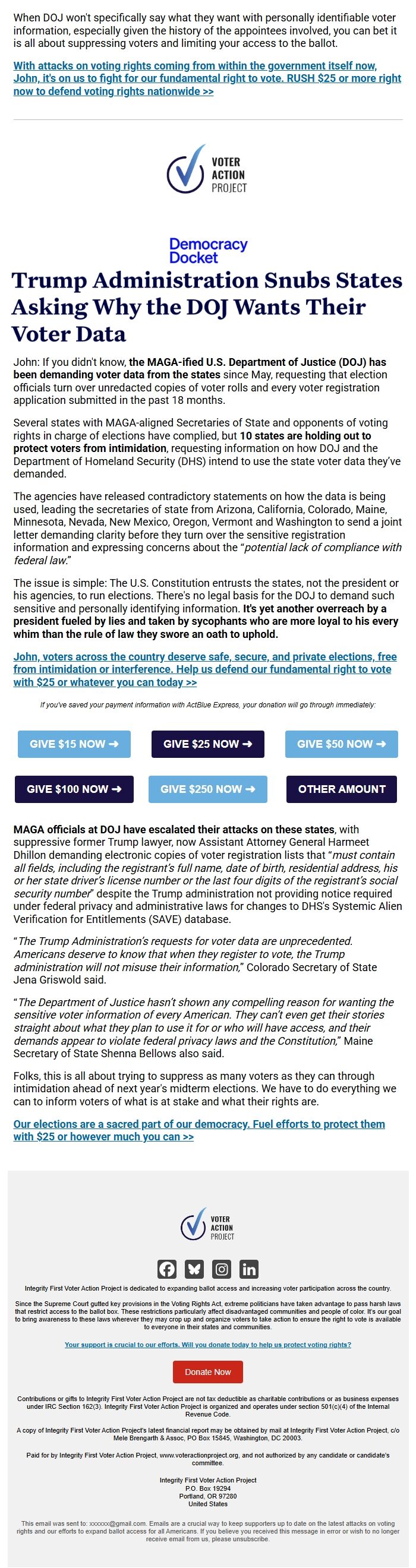 Screenshot of the email generated on import