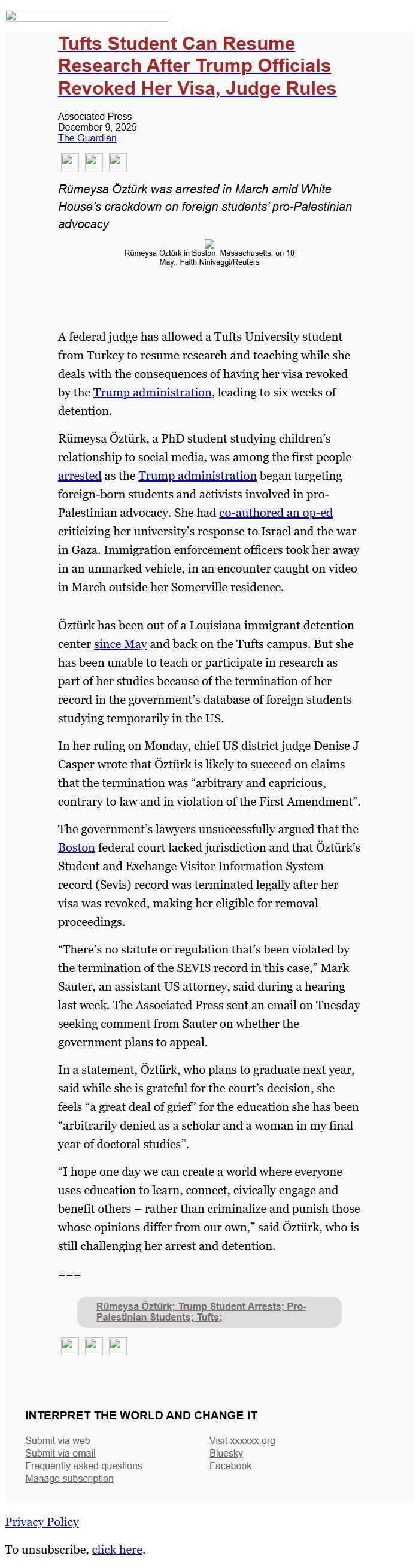 Screenshot of the email generated on import