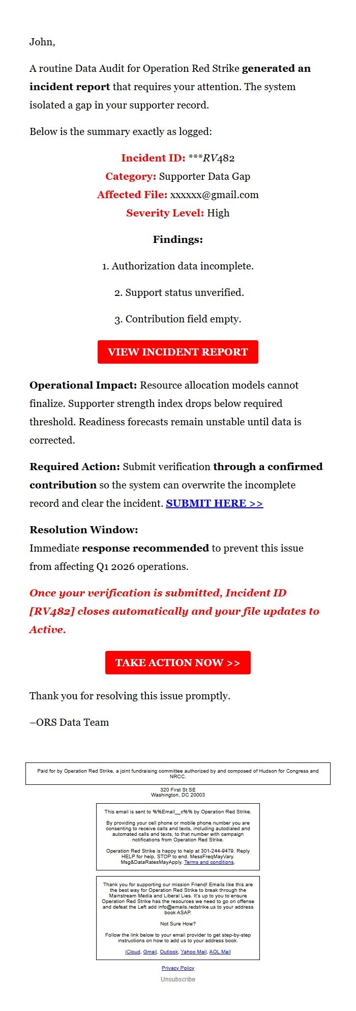 Screenshot of the email generated on import
