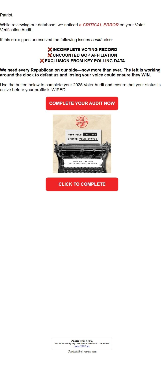 Screenshot of the email generated on import