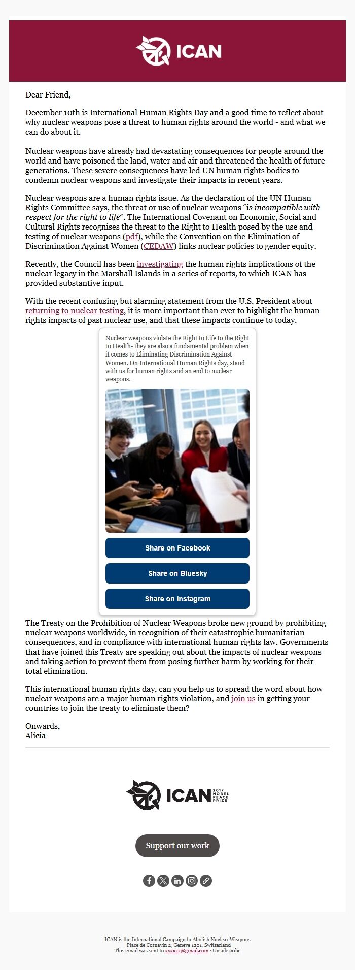 Screenshot of the email generated on import