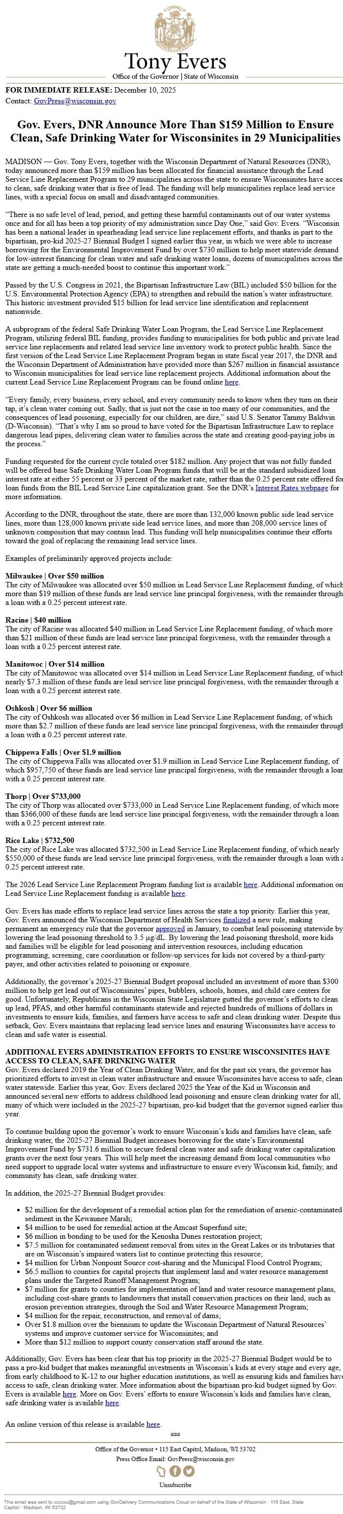 Screenshot of the email generated on import