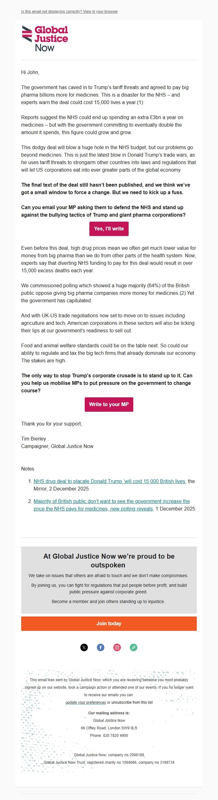 Screenshot of the email generated on import