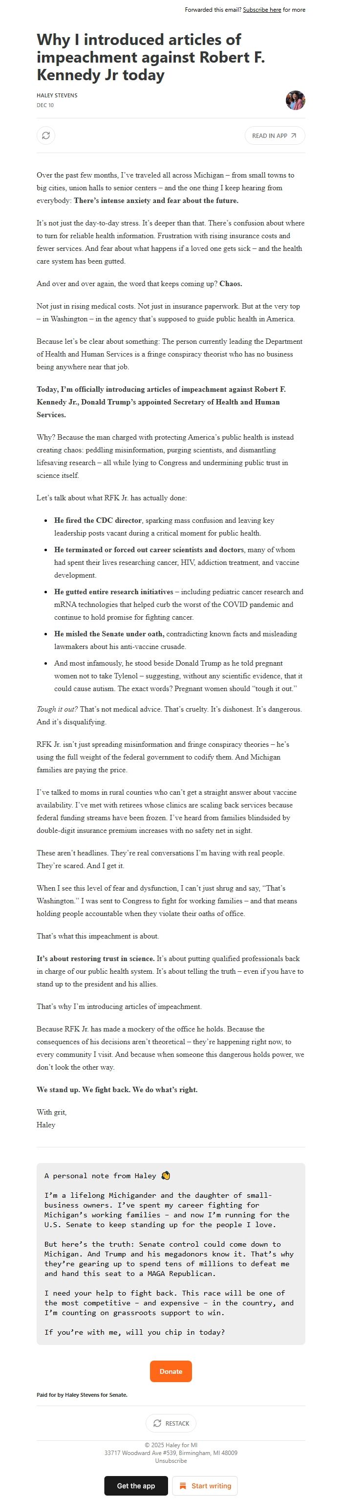 Screenshot of the email generated on import