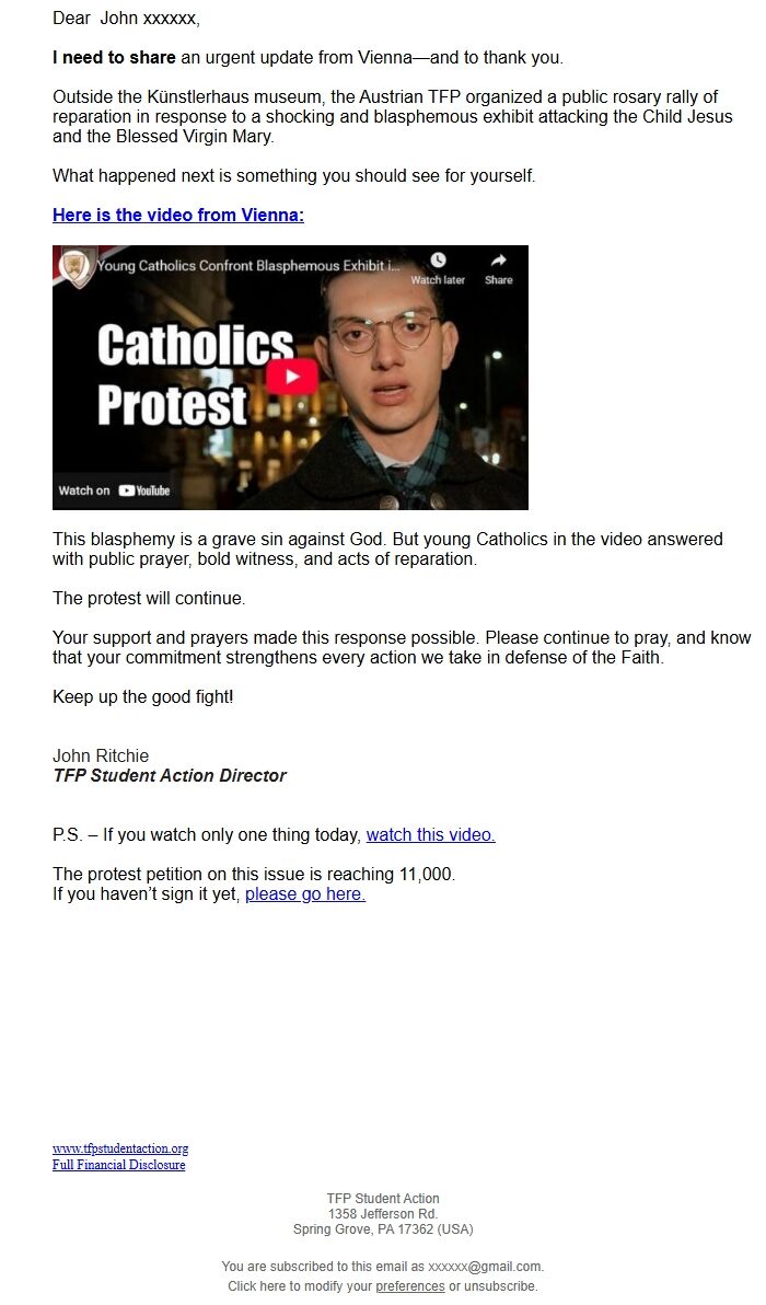 Screenshot of the email generated on import