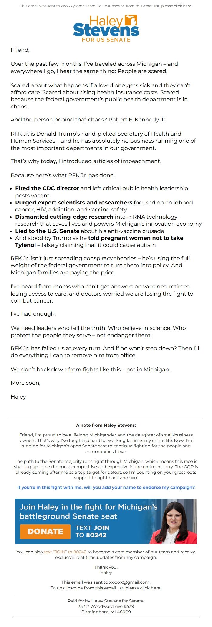 Screenshot of the email generated on import