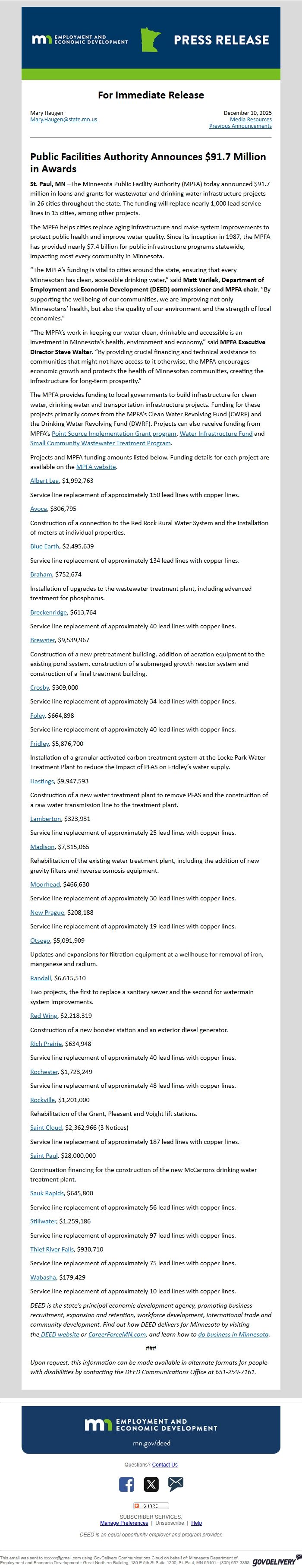 Screenshot of the email generated on import