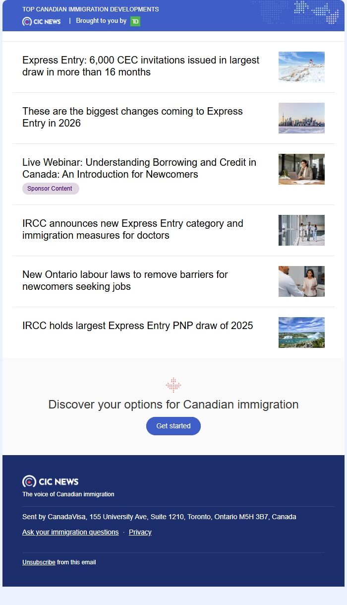 Screenshot of the email generated on import