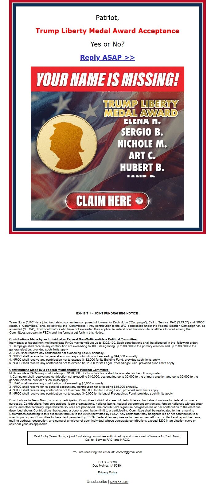 Screenshot of the email generated on import