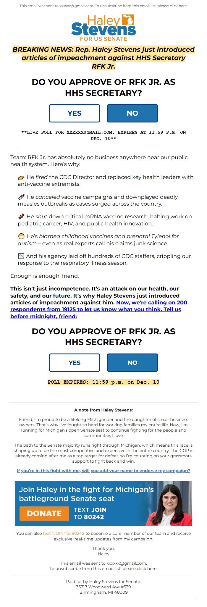 Screenshot of the email generated on import