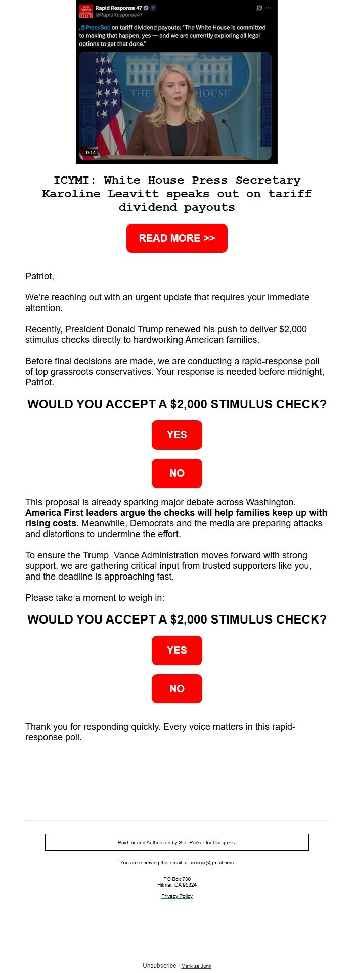 Screenshot of the email generated on import