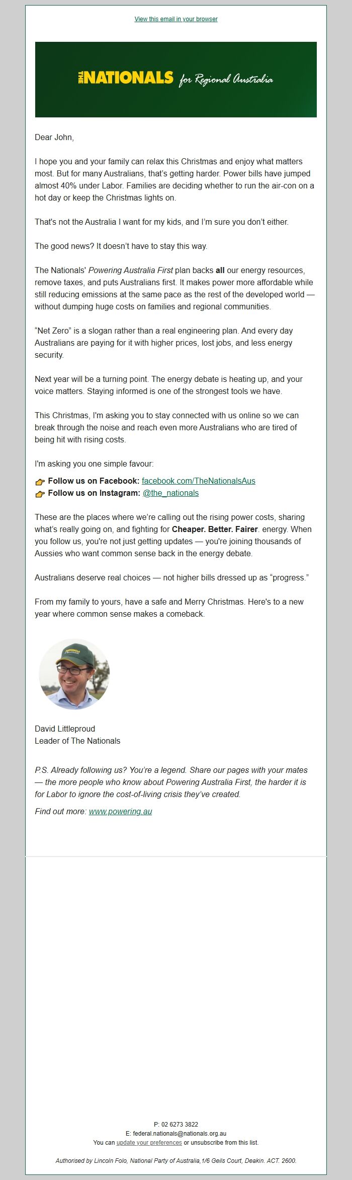 Screenshot of the email generated on import